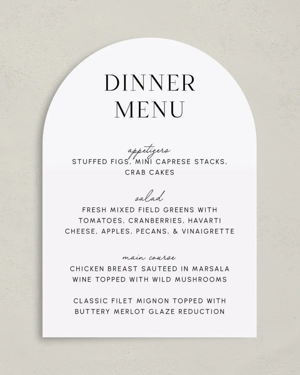 This is a 5" x 7" Wedding Menu Card called The Isabella printed in full color with Rose Gold foil on Luxe Satin paper