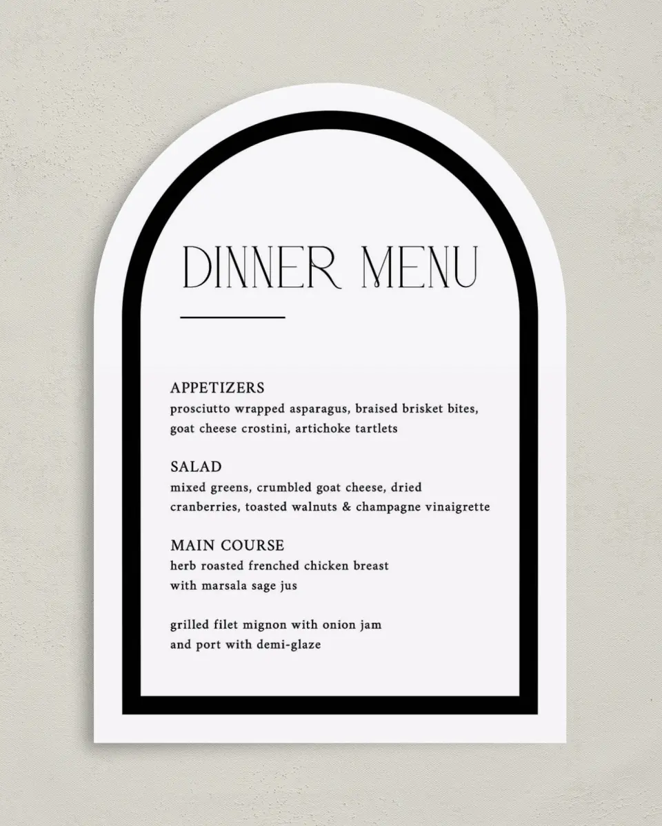 This is a 5" x 7" Wedding Menu Card called The Amber printed in full color with Silver foil on Luxe Satin paper