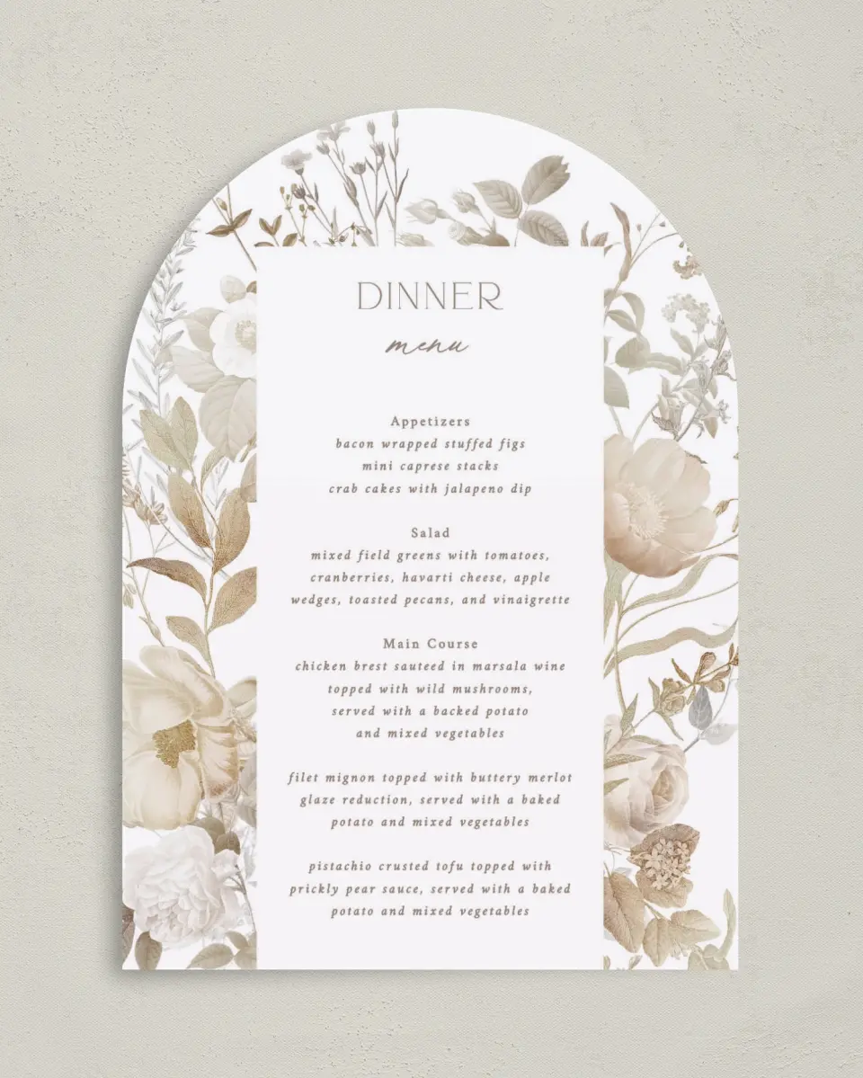 This is a 5" x 7" Wedding Menu Card called The Everly printed in full color with Gold foil on Luxe Satin paper