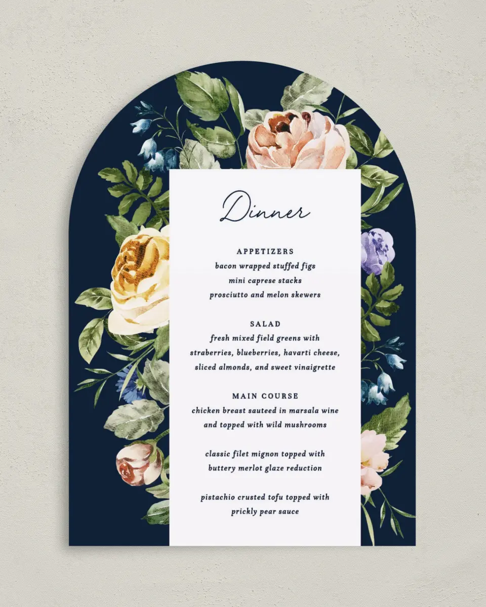 This is a 5" x 7" Wedding Menu Card called The Natalie printed in full color with Gold foil on Luxe Satin paper