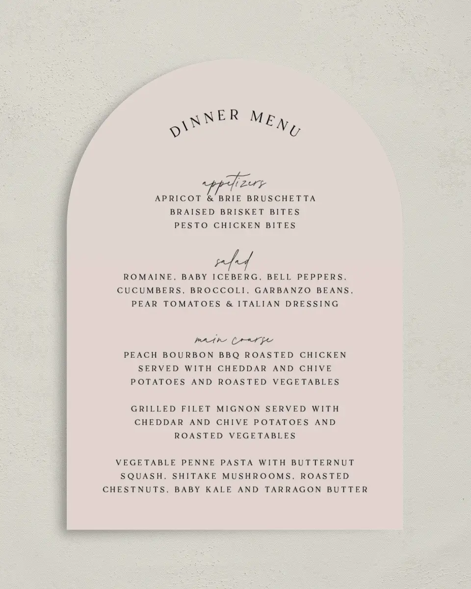 This is a 5" x 7" Wedding Menu Card called The Samantha printed in full color with Rose Gold foil on Luxe Satin paper