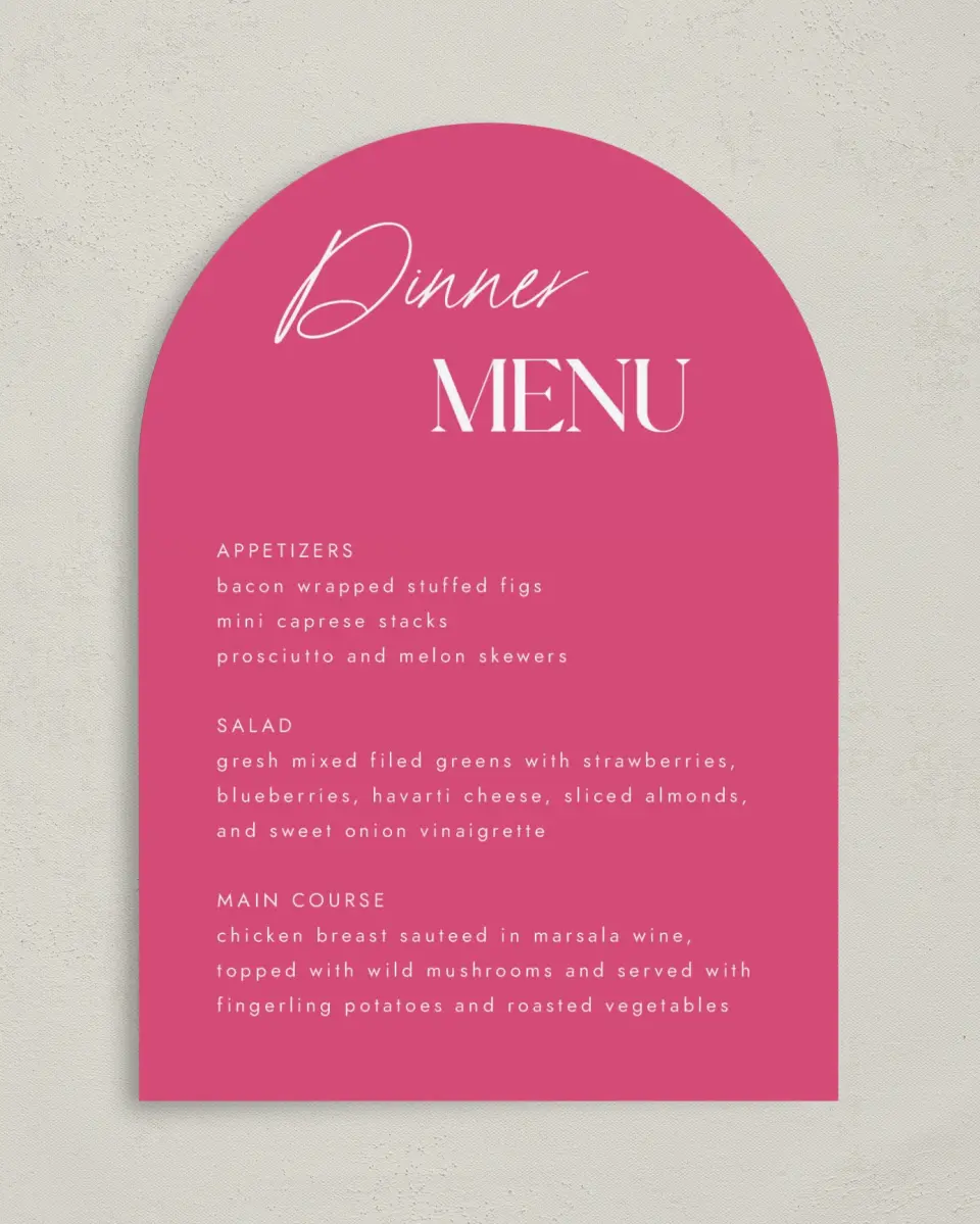 This is a 5" x 7" Wedding Menu Card called The Andrea printed in full color with Silver foil on Luxe Satin paper