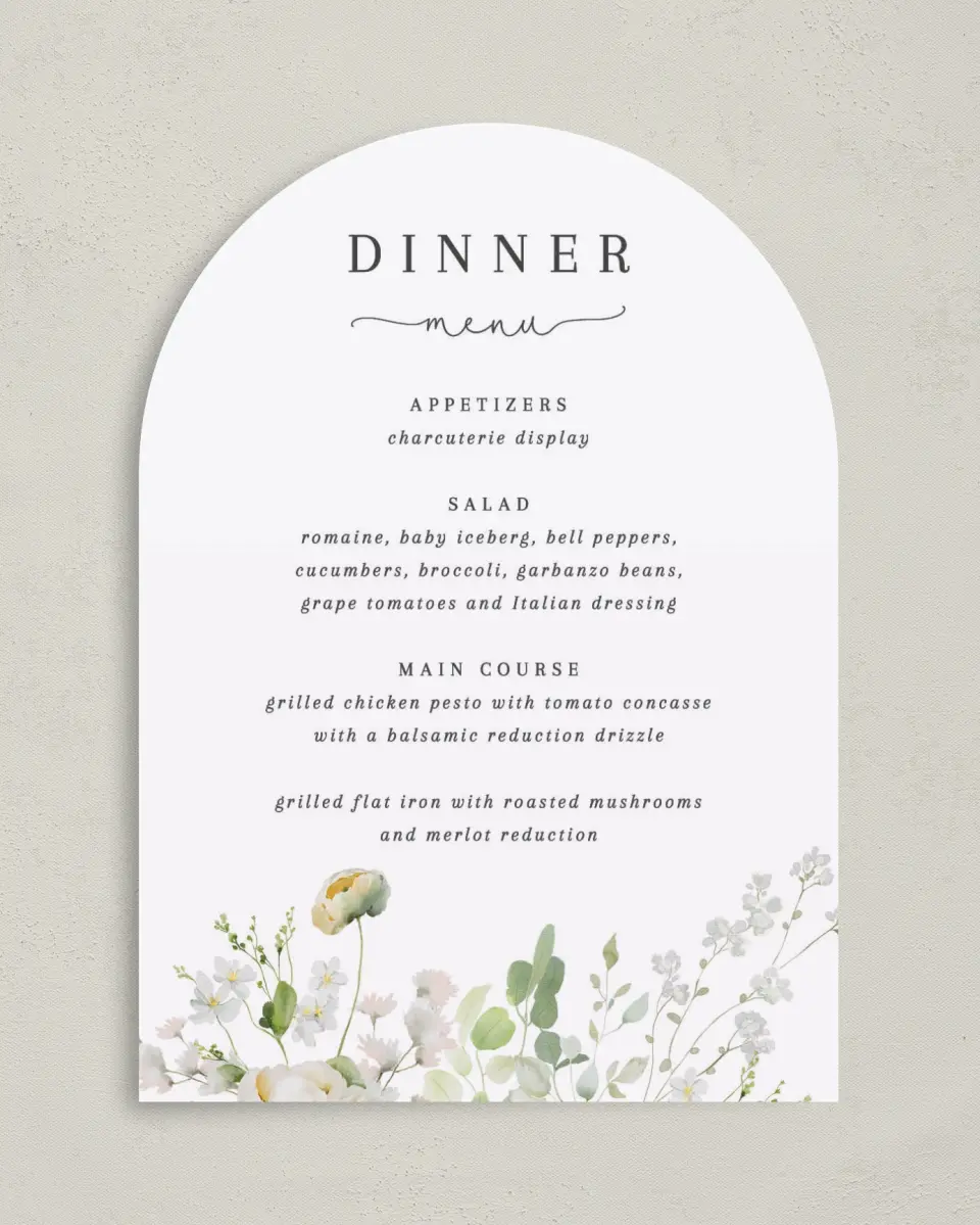 This is a 5" x 7" Wedding Menu Card called The Zoey printed in full color with Gold foil on Luxe Satin paper