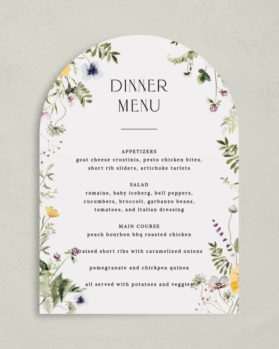 This is a 5" x 7" Wedding Menu Card called The Ruby printed in full color with Silver foil on Luxe Satin paper
