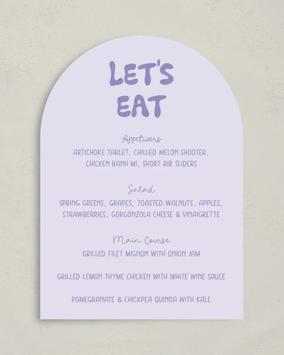 This is a 5" x 7" Wedding Menu Card called The Karly printed in full color with Rose Gold foil on Luxe Satin paper