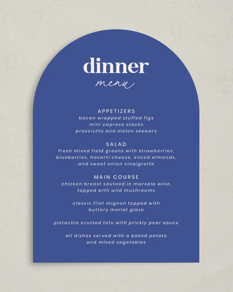 This is a 5" x 7" Wedding Menu Card called The Kassidy printed in full color with Gold foil on Luxe Satin paper