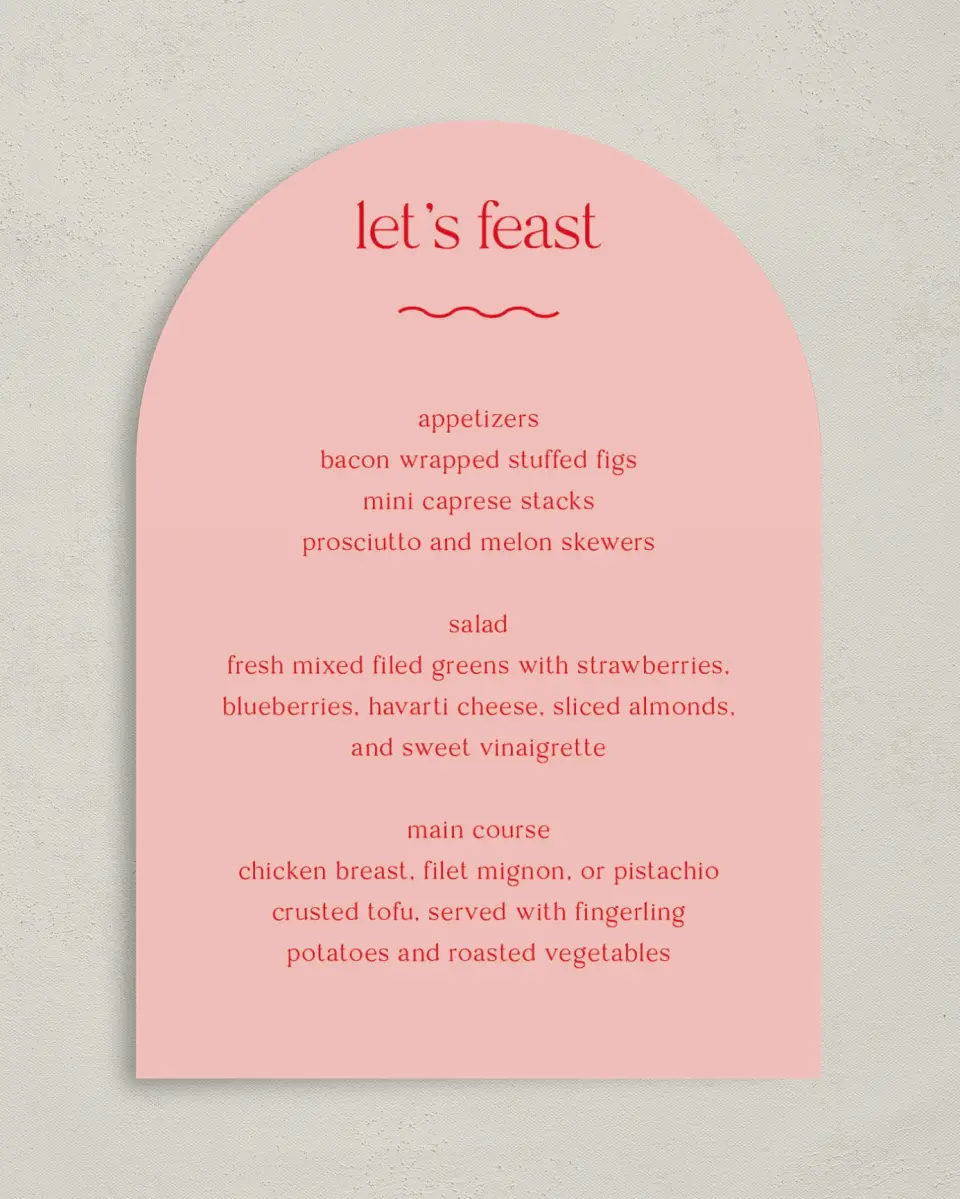 This is a 5" x 7" Wedding Menu Card called The Delaney printed in full color with Gold foil on Luxe Satin paper