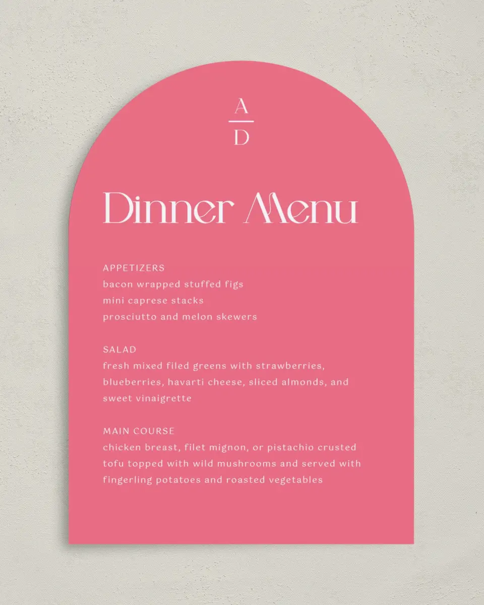 This is a 5" x 7" Wedding Menu Card called The Abigail printed in full color with Gold foil on Luxe Satin paper