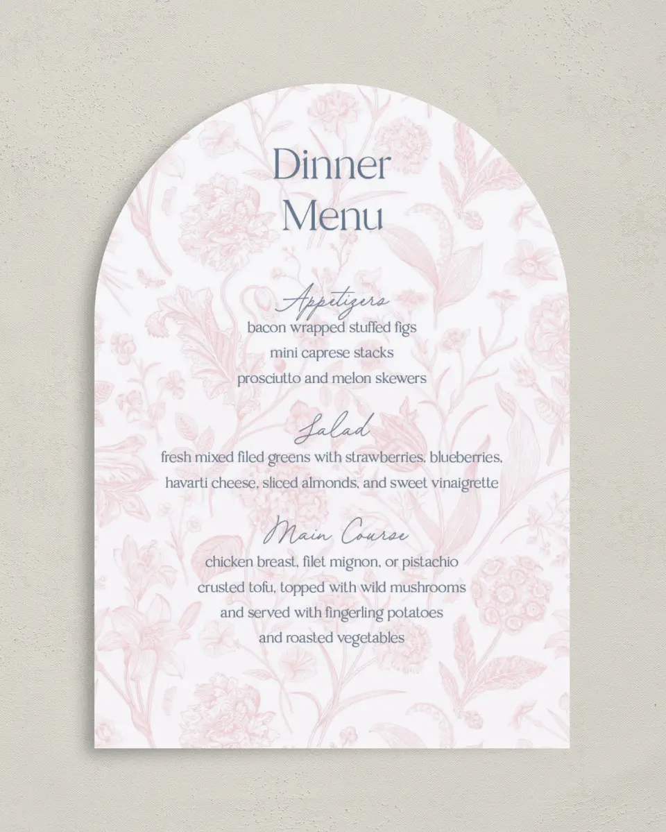 This is a 5" x 7" Wedding Menu Card called The Gabriella printed in full color with Rose Gold foil on Luxe Satin paper
