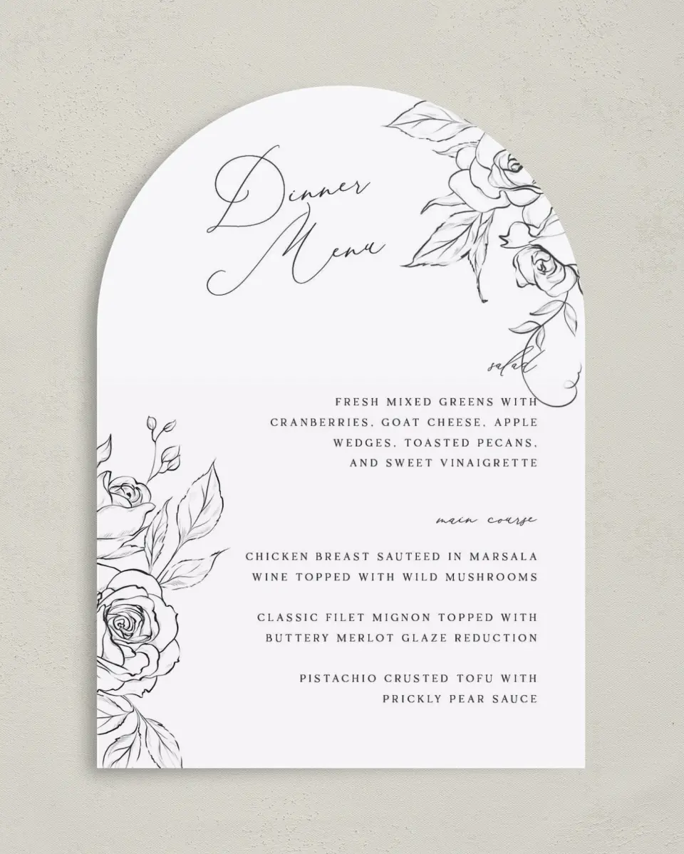 This is a 5" x 7" Wedding Menu Card called The Anabelle printed in full color with Silver foil on Luxe Satin paper