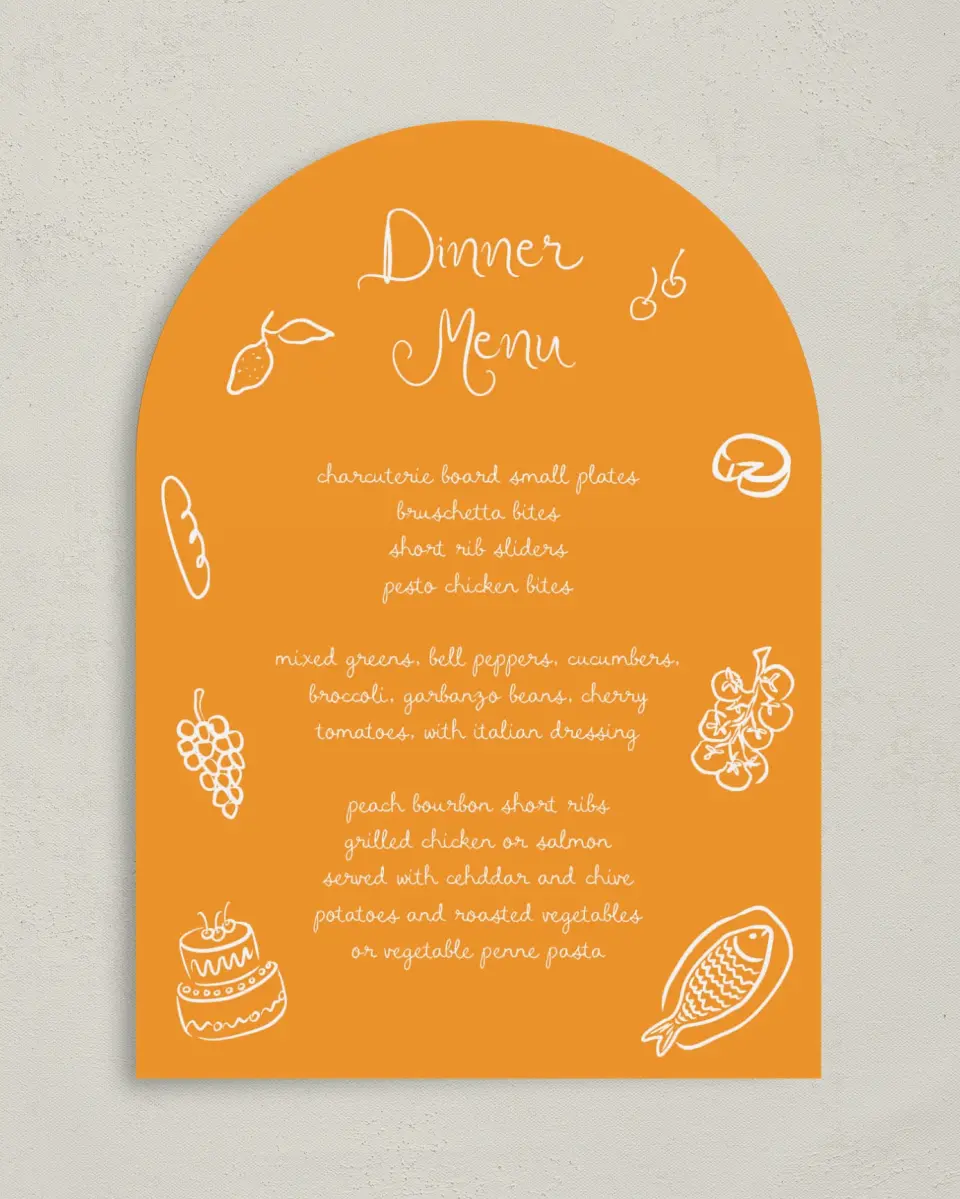 This is a 5" x 7" Wedding Menu Card called The Micayla printed in full color with Rose Gold foil on Luxe Satin paper
