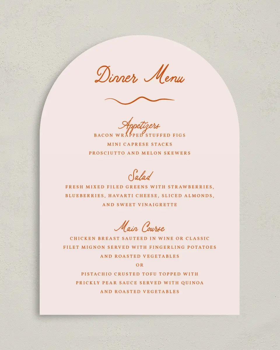 This is a 5" x 7" Wedding Menu Card called The Kennedy printed in full color with Silver foil on Luxe Satin paper