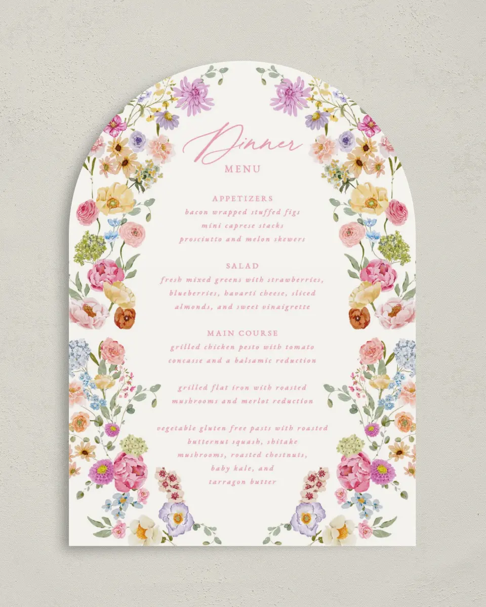 This is a 5" x 7" Wedding Menu Card called The Florence printed in full color with Gold foil on Luxe Satin paper