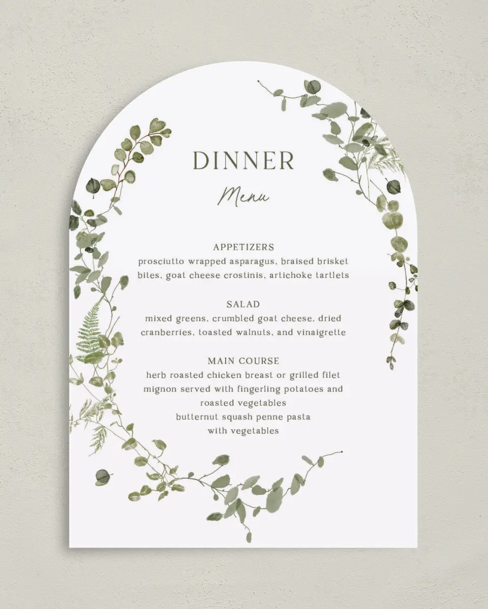 This is a 5" x 7" Wedding Menu Card called The Hailey printed in full color with Gold foil on Luxe Satin paper