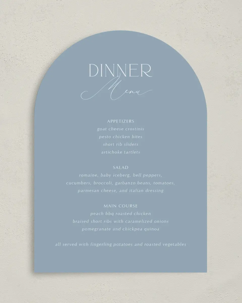 This is a 5" x 7" Wedding Menu Card called The Victoria printed in full color with Silver foil on Luxe Satin paper