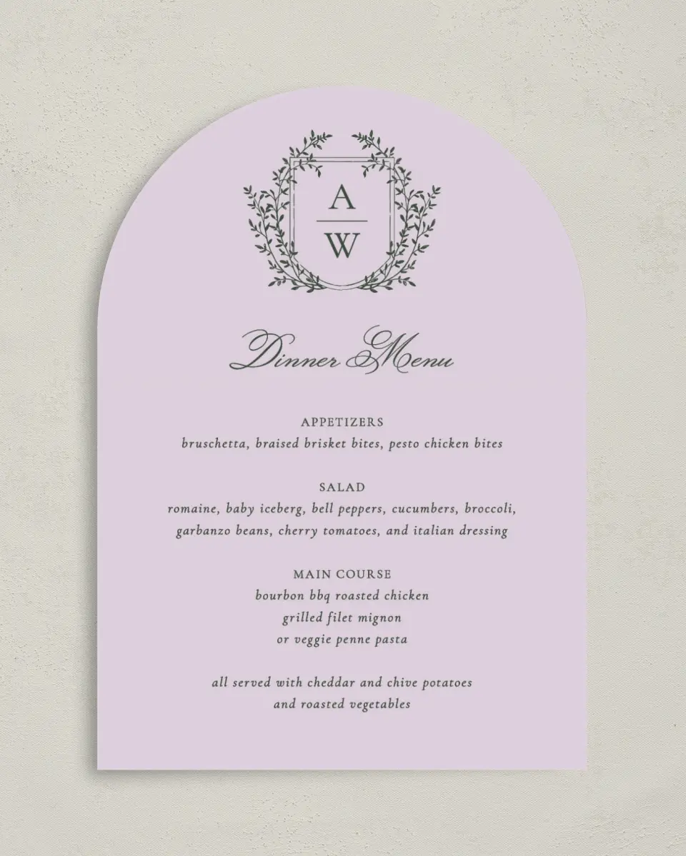 This is a 5" x 7" Wedding Menu Card called The Adaline printed in full color with Silver foil on Luxe Satin paper