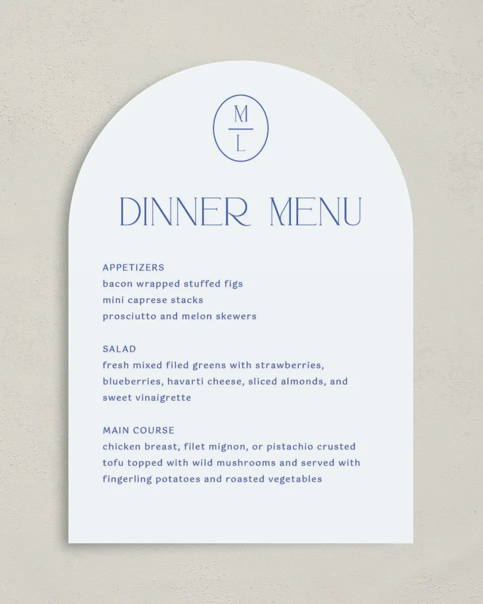 This is a 5" x 7" Wedding Menu Card called The Mila printed in full color with Gold foil on Luxe Satin paper