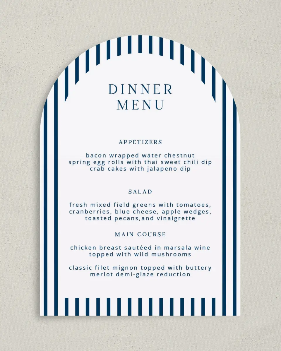 This is a 5" x 7" Wedding Menu Card called The Addison printed in full color with Rose Gold foil on Luxe Satin paper