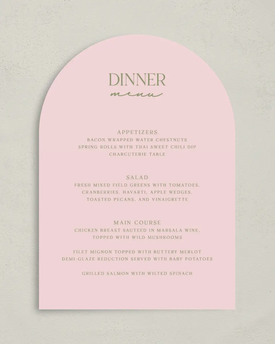 This is a 5" x 7" Wedding Menu Card called The Jolene printed in full color with Silver foil on Luxe Satin paper