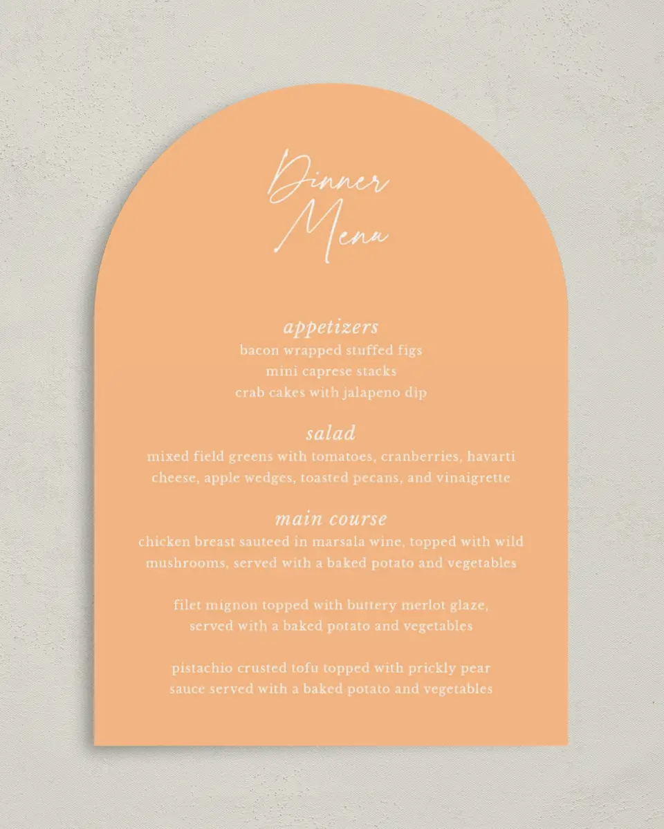 This is a 5" x 7" Wedding Menu Card called The Jess printed in full color with Gold foil on Luxe Satin paper