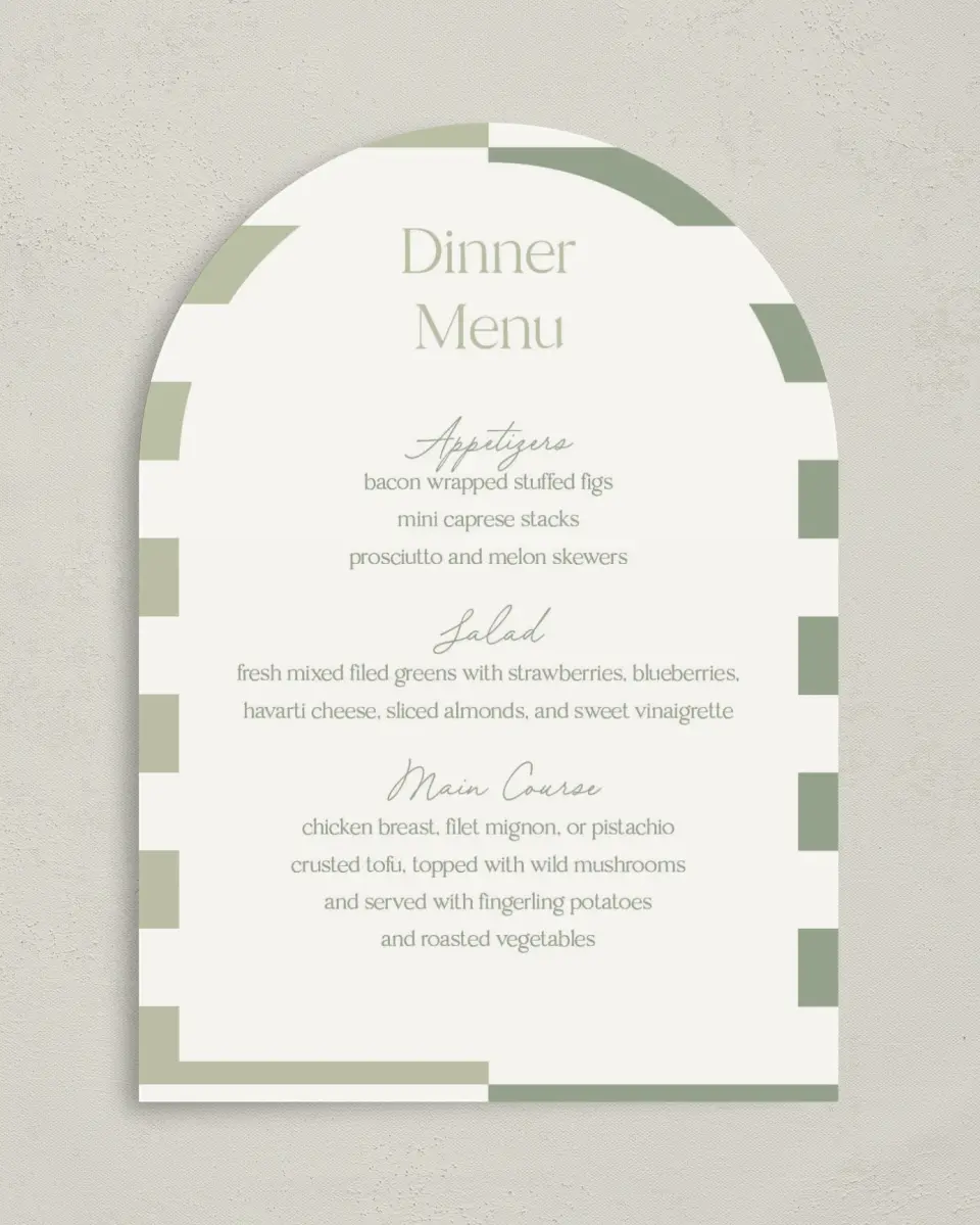 This is a 5" x 7" Wedding Menu Card called The Penelope printed in full color with Silver foil on Luxe Satin paper