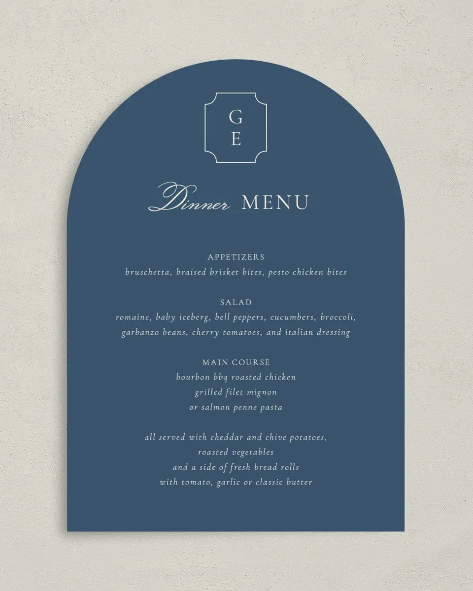 This is a 5" x 7" Wedding Menu Card called The Georgia printed in full color with Gold foil on Luxe Satin paper