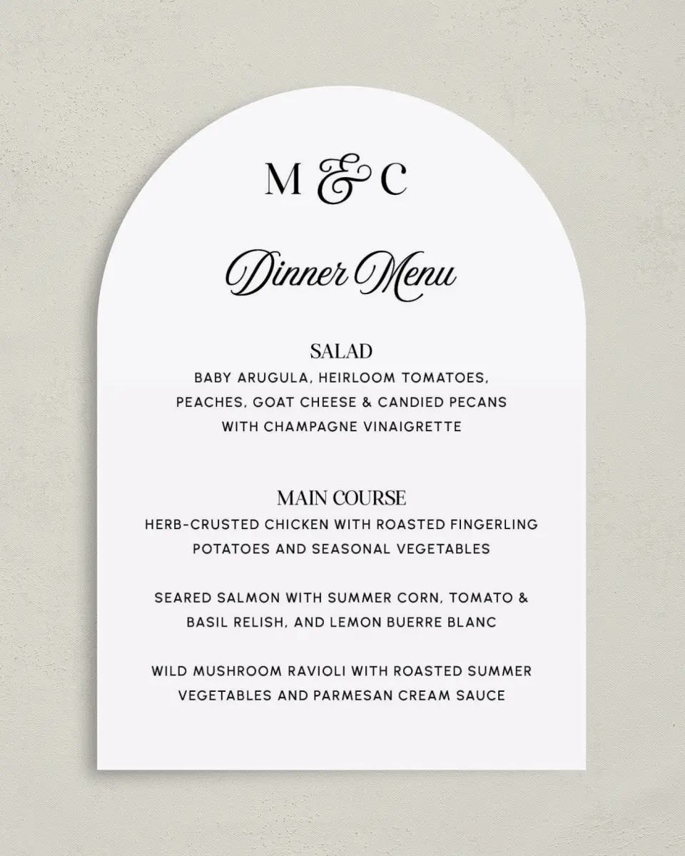 This is a 5" x 7" Wedding Menu Card called The Mallory printed in full color with Rose Gold foil on Luxe Satin paper