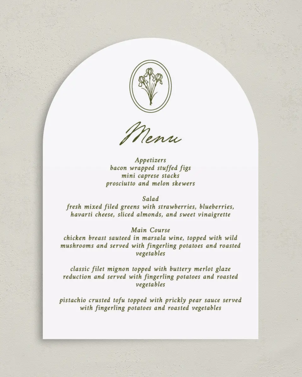 This is a 5" x 7" Wedding Menu Card called The Georgia printed in full color on Premium Smooth paper