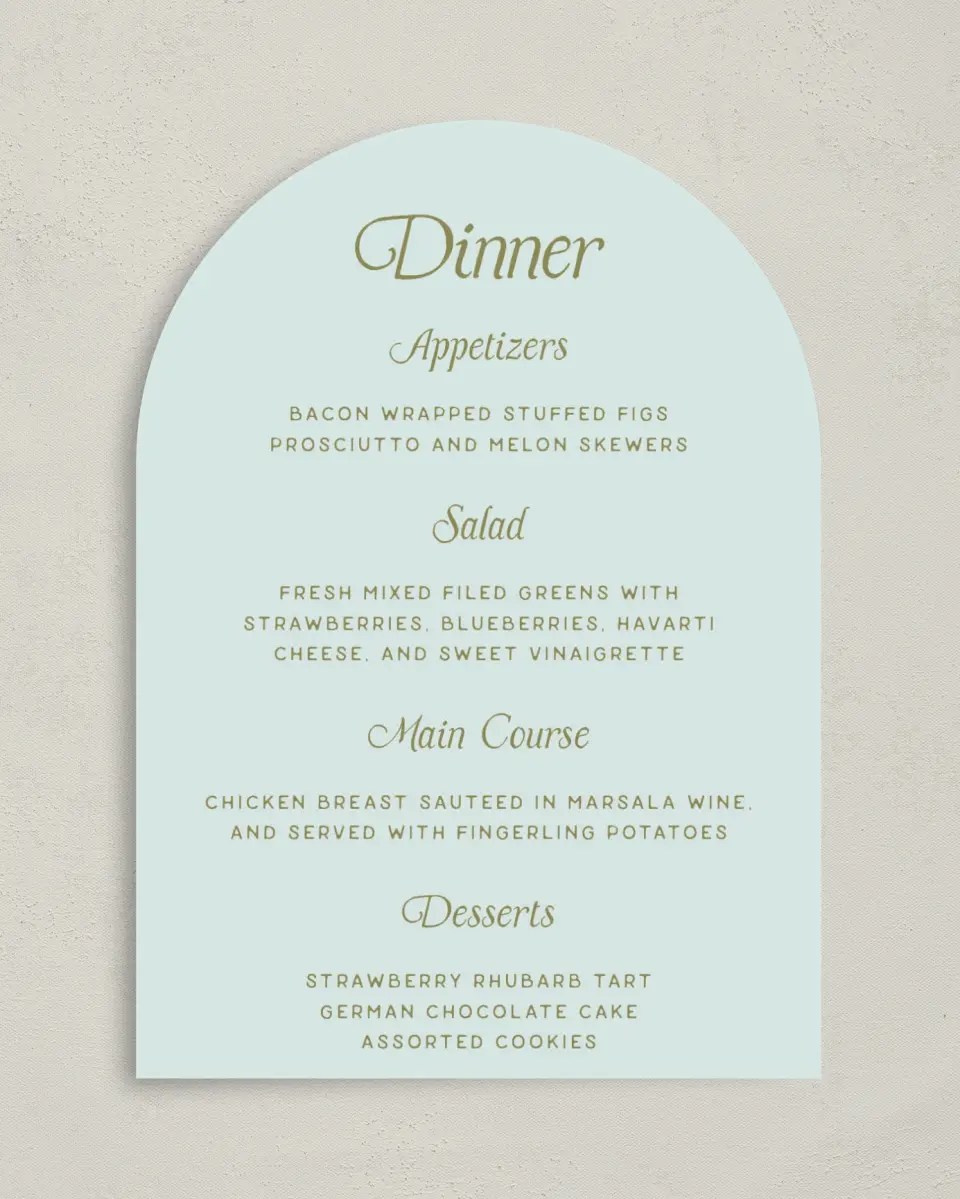 This is a 5" x 7" Wedding Menu Card called The Rosemary printed in full color with Gold foil on Luxe Satin paper