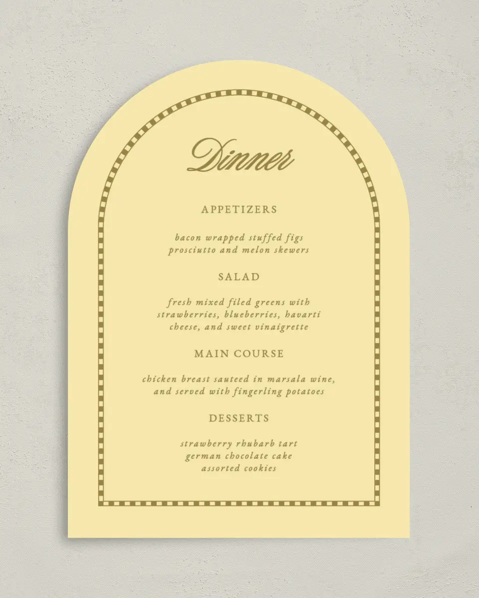 This is a 5" x 7" Wedding Menu Card called The Jillian printed in full color with Rose Gold foil on Luxe Satin paper