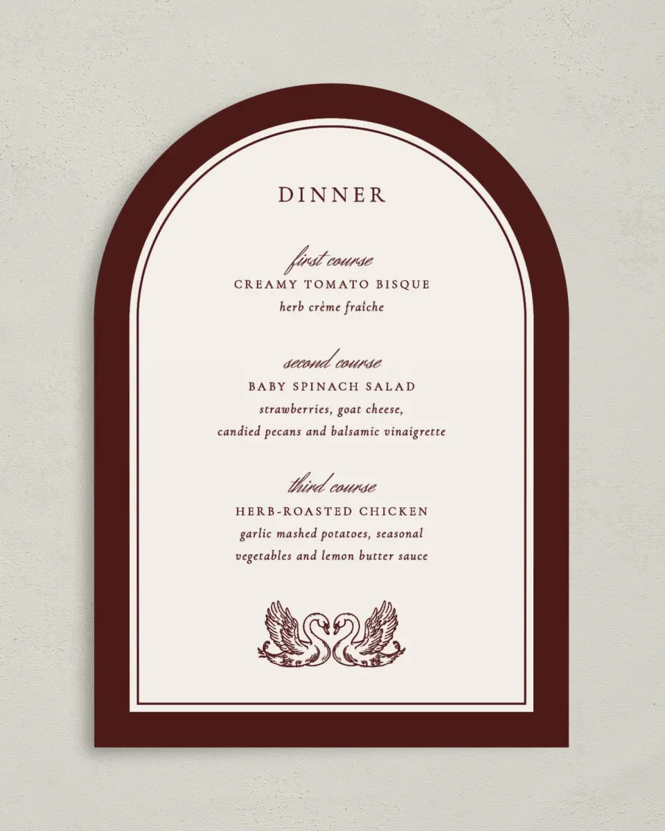 This is a 5" x 7" Wedding Menu Card called Swan Song printed in full color on Premium Smooth paper