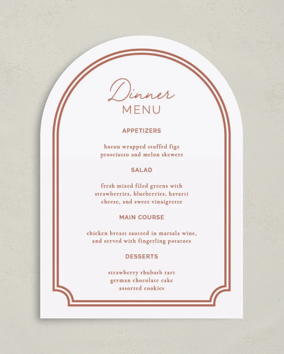 This is a 5" x 7" Wedding Menu Card called The Chelsea printed in full color with Rose Gold foil on Luxe Satin paper