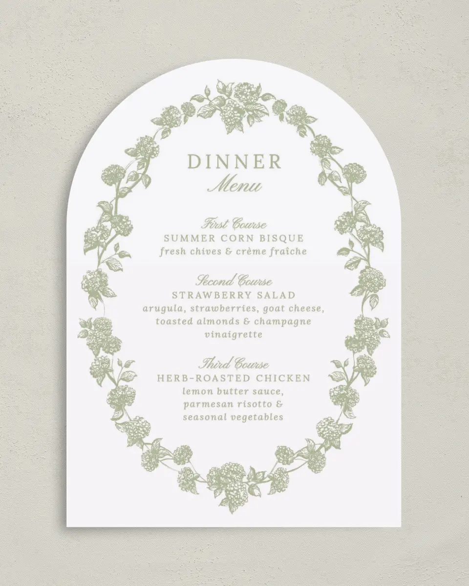 This is a 5" x 7" Wedding Menu Card called Harmonious Hydrangea printed in full color on Premium Smooth paper