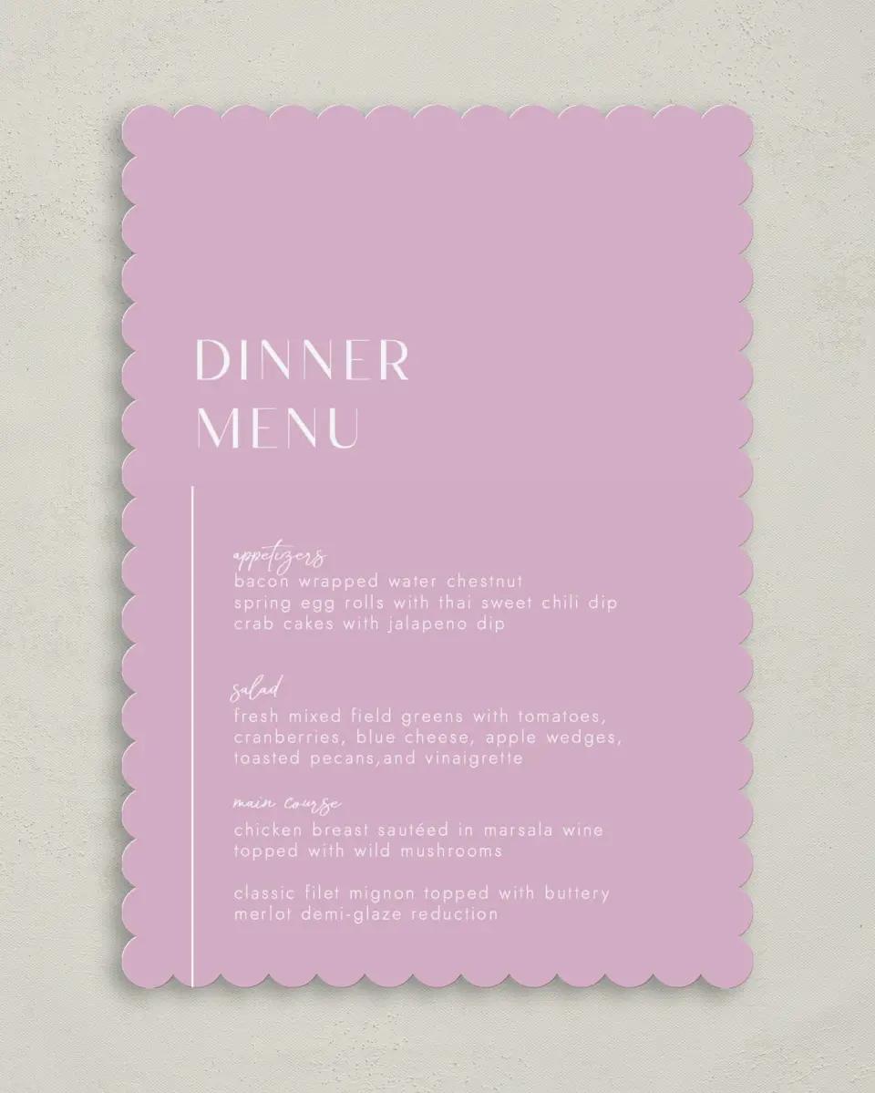This is a 5" x 7" Wedding Menu Card called The Brooklyn printed in full color on Premium Smooth paper