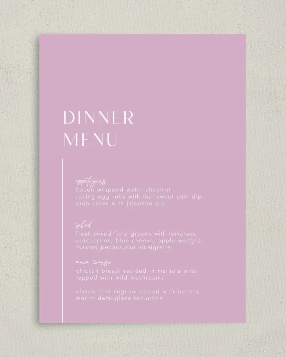 This is a 5" x 7" Wedding Menu Card called The Brooklyn printed in full color on Premium Smooth paper