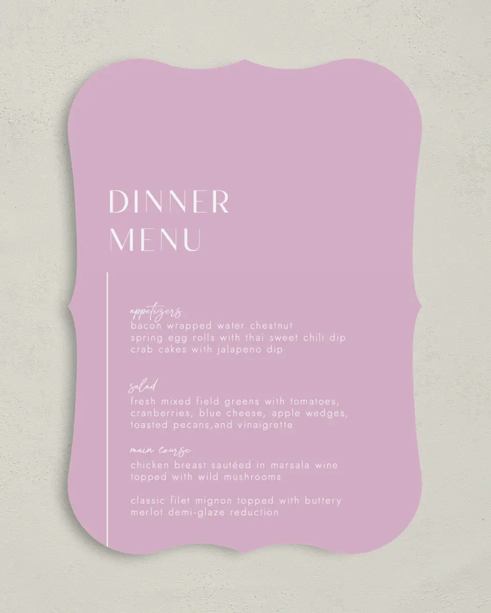 This is a 5" x 7" Wedding Menu Card called The Brooklyn printed in full color with Silver foil on Luxe Satin (coated) paper