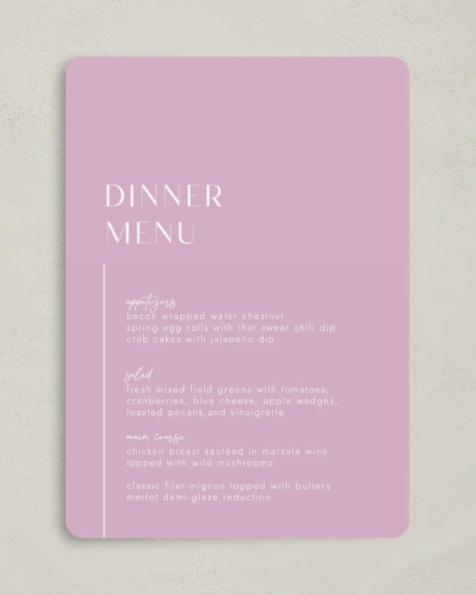 This is a 5" x 7" Wedding Menu Card called The Brooklyn printed in full color on Premium Smooth paper