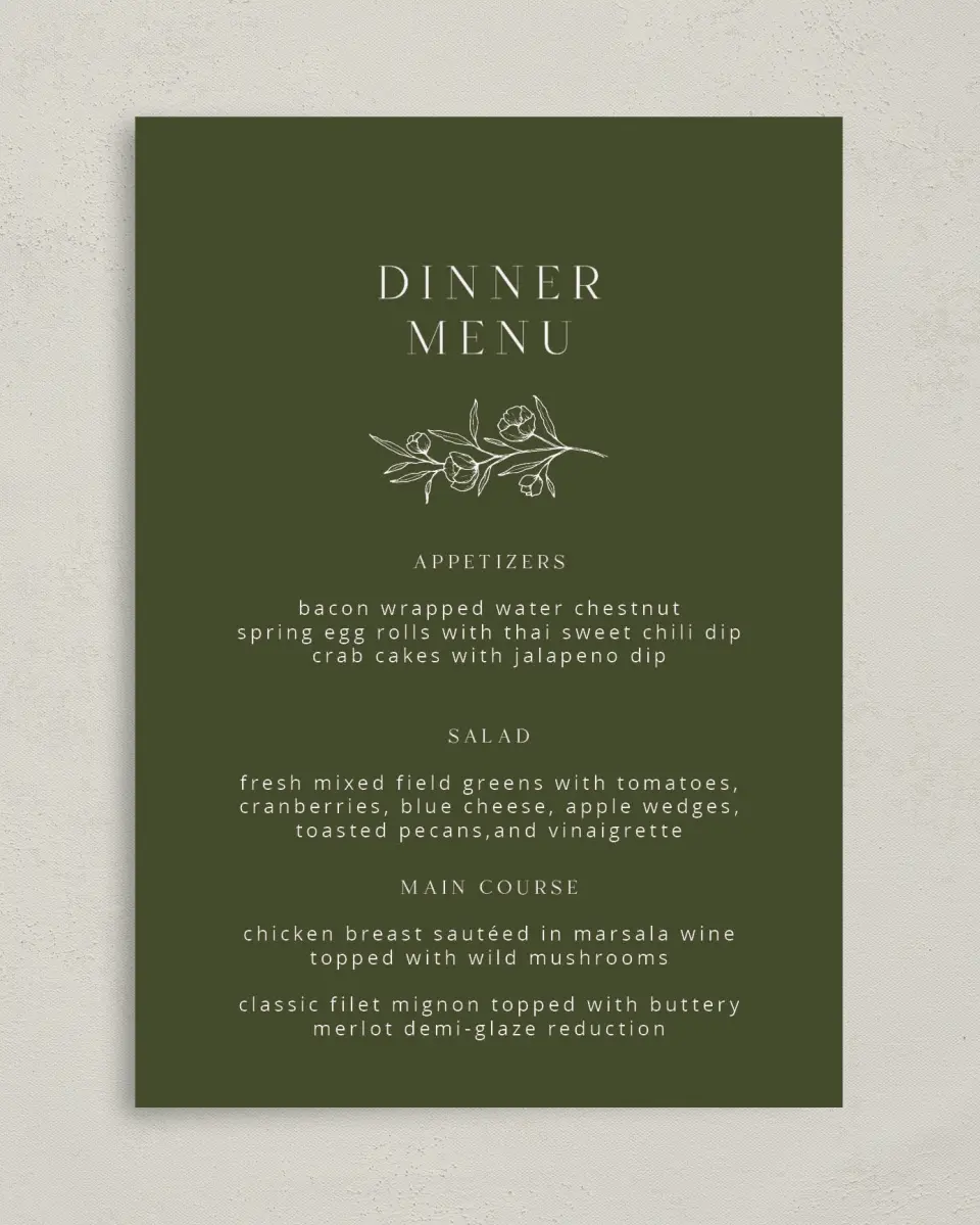 This is a 5" x 7" Wedding Menu Card called The Jasmine printed in full color on Premium Smooth paper