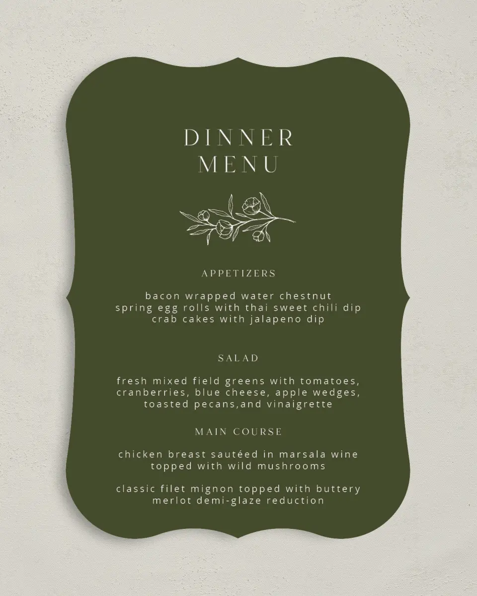This is a 5" x 7" Wedding Menu Card called The Jasmine printed in full color with Silver foil on Luxe Satin (coated) paper