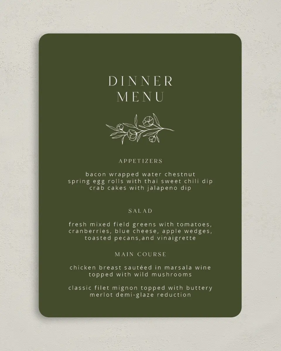 This is a 5" x 7" Wedding Menu Card called The Jasmine printed in full color on Premium Smooth paper