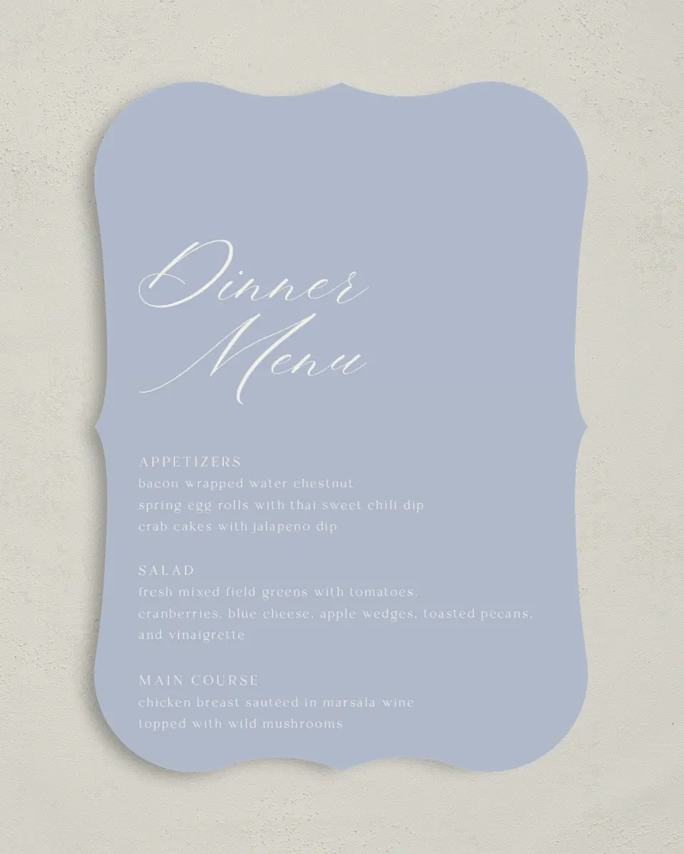 This is a 5" x 7" Wedding Menu Card called The Savannah printed in full color with Silver foil on Luxe Satin (coated) paper
