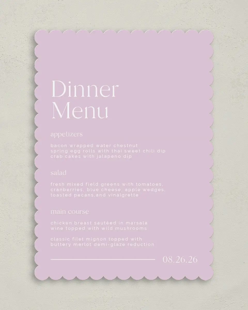 This is a 5" x 7" Wedding Menu Card called The Morgan printed in full color on Premium Smooth paper