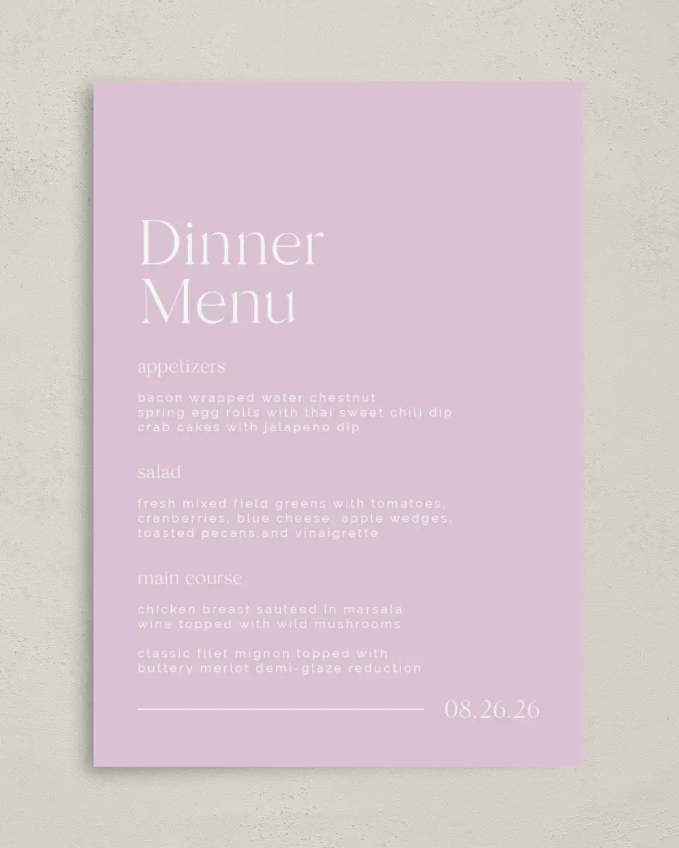 This is a 5" x 7" Wedding Menu Card called The Morgan printed in full color on Premium Smooth paper