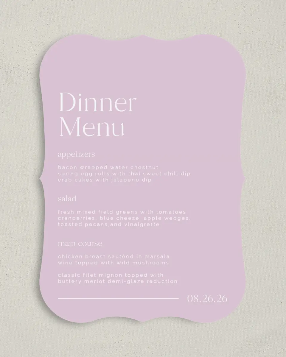 This is a 5" x 7" Wedding Menu Card called The Morgan printed in full color on Premium Smooth paper