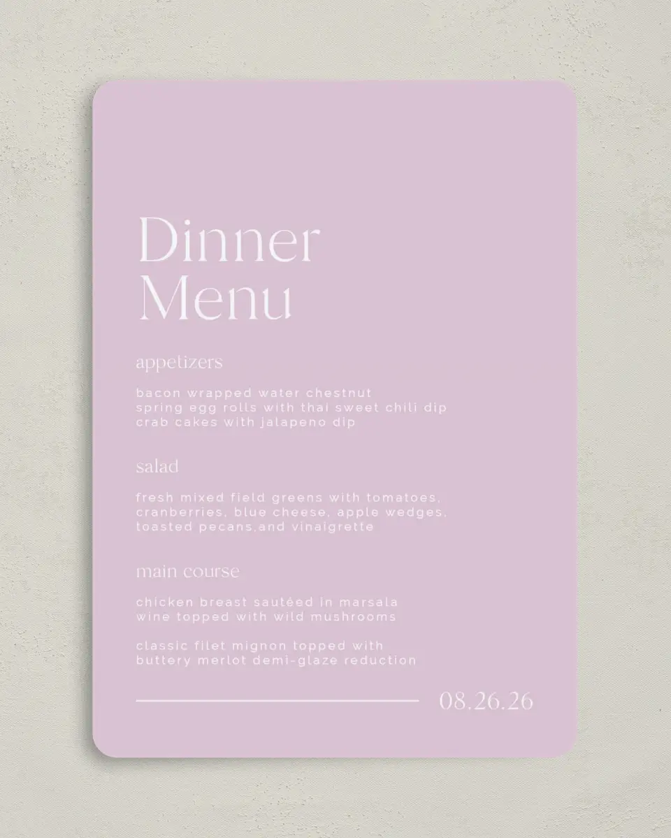 This is a 5" x 7" Wedding Menu Card called The Morgan printed in full color on Premium Smooth paper