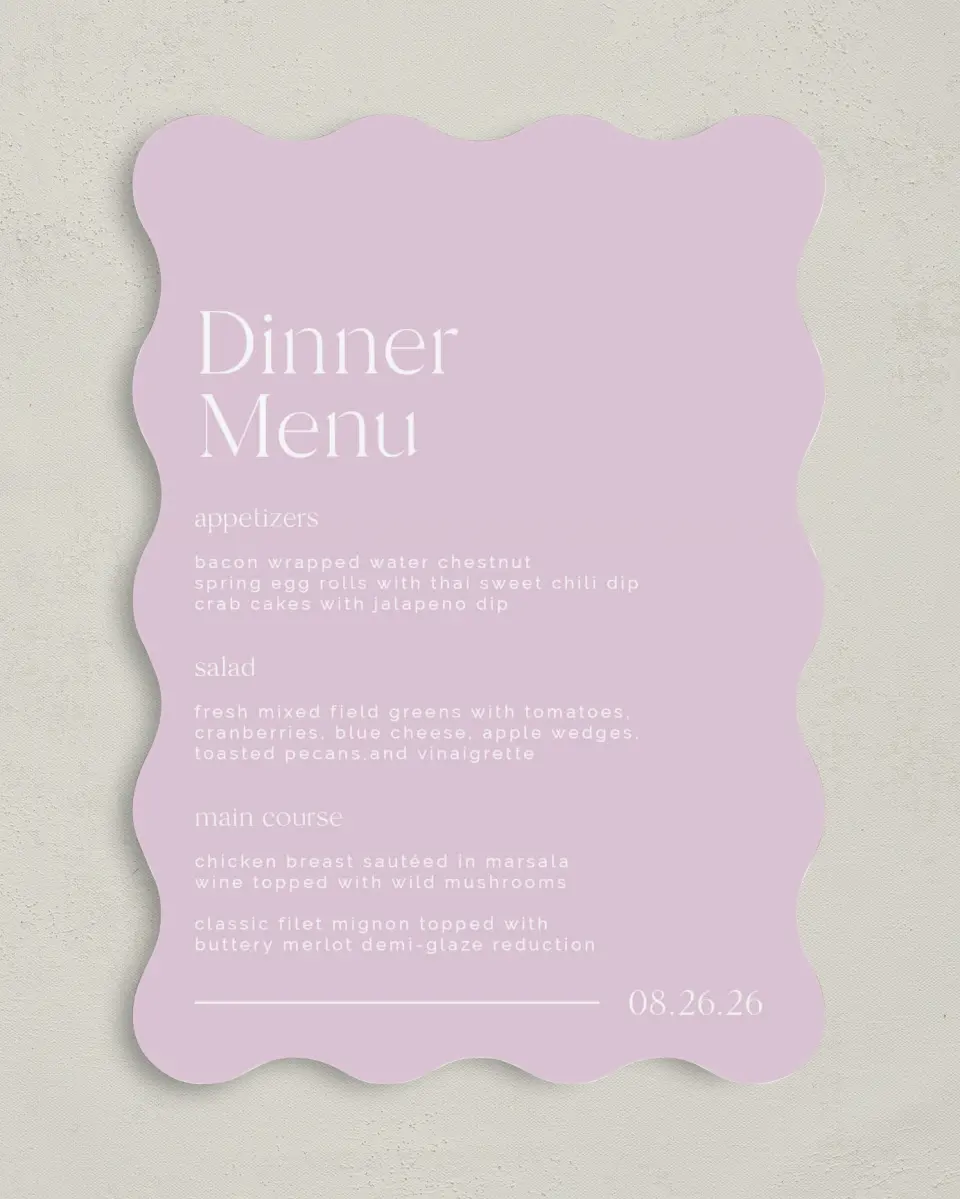 This is a 5" x 7" Wedding Menu Card called The Morgan printed in full color on Premium Smooth paper