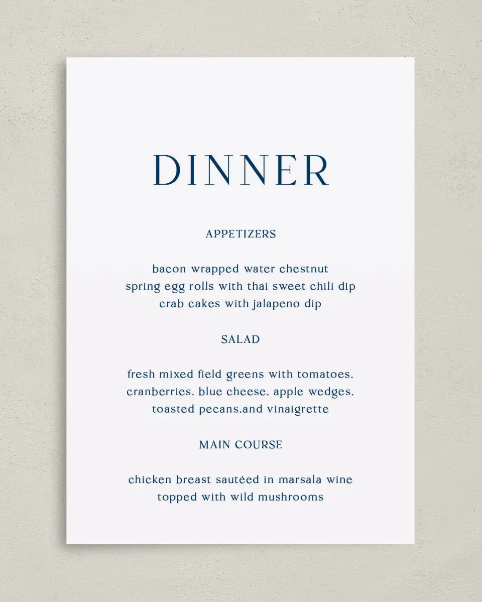 This is a 5" x 7" Wedding Menu Card called The Sophia printed in full color on Premium Smooth paper