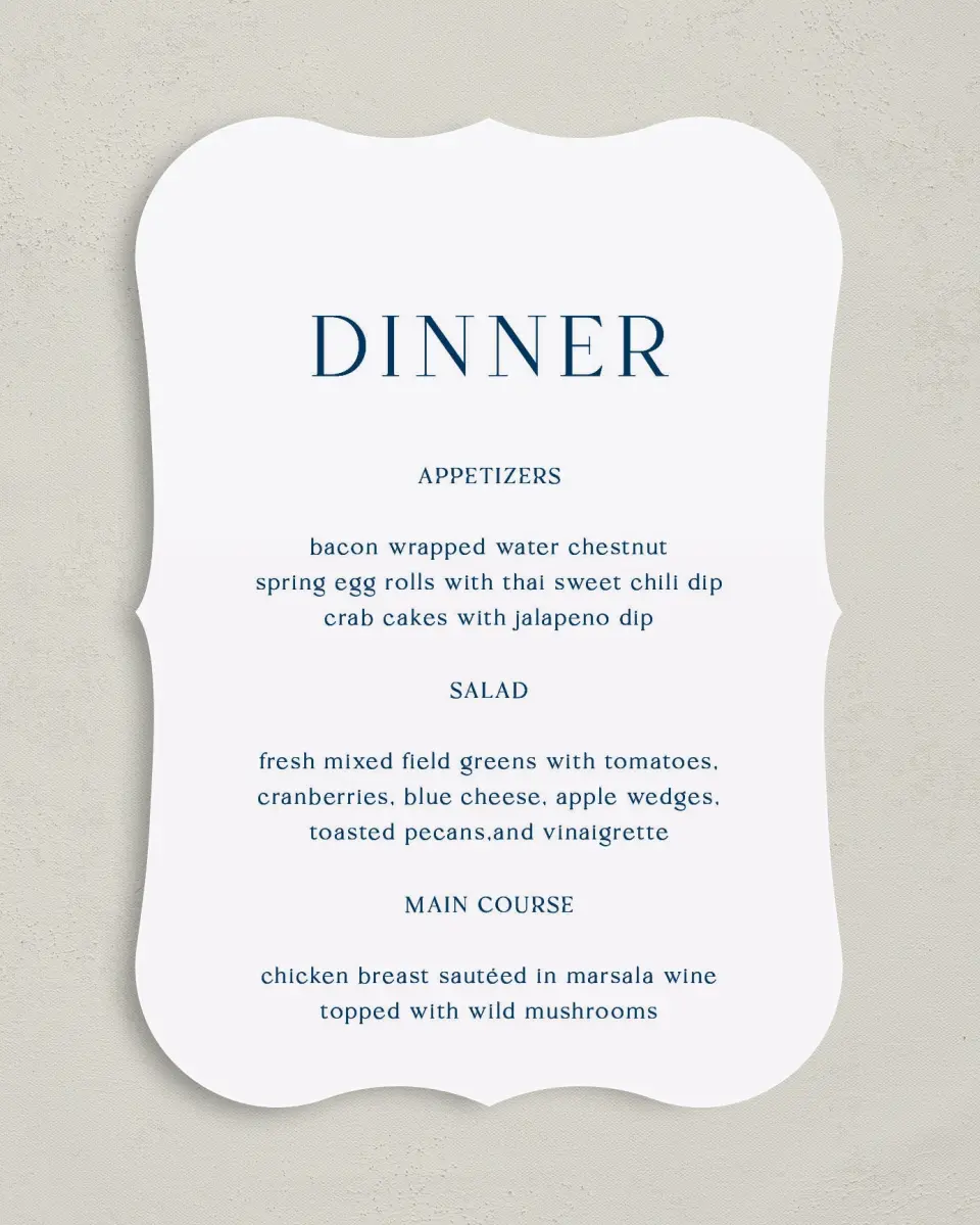 This is a 5" x 7" Wedding Menu Card called The Sophia printed in full color on Premium Smooth paper