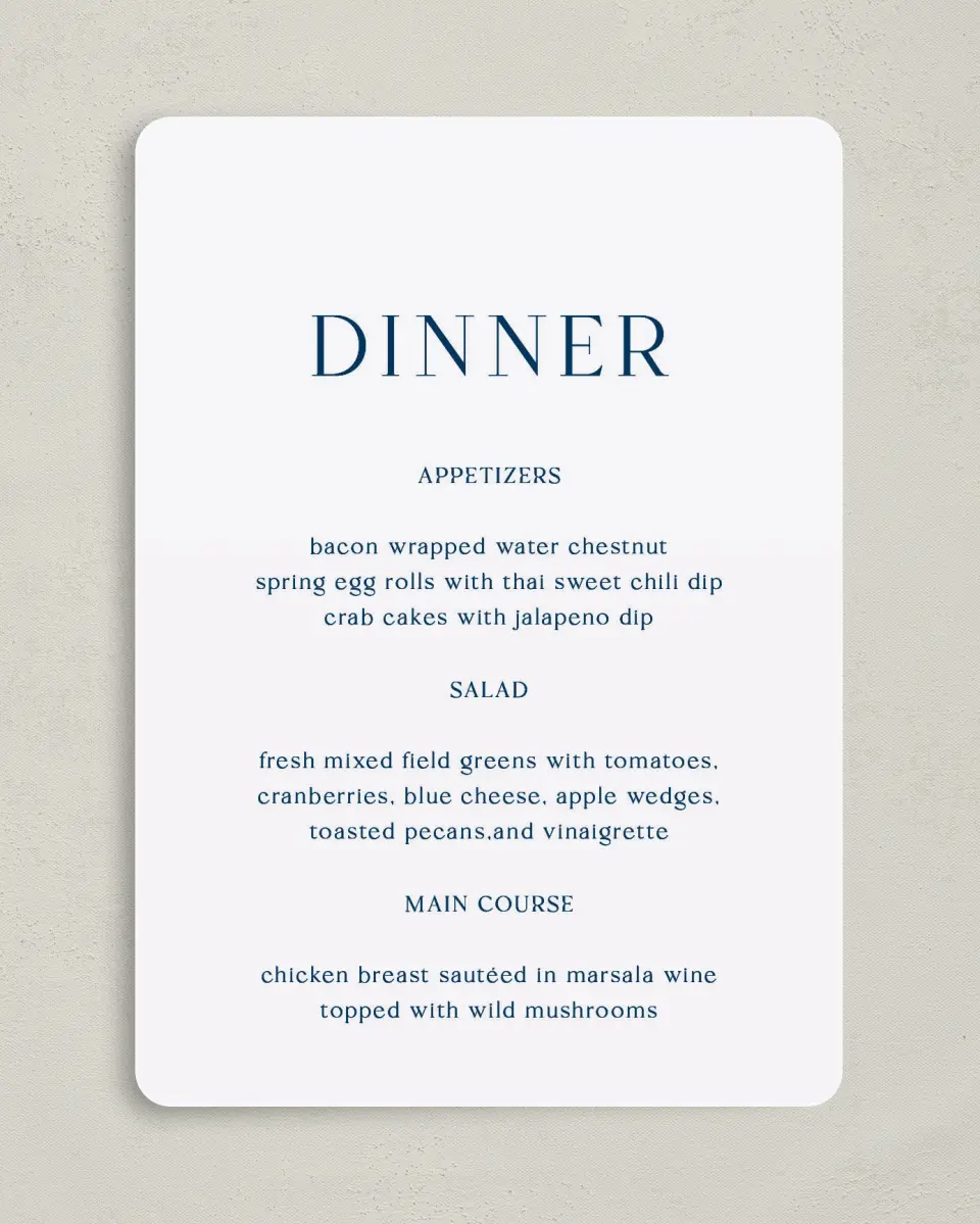 This is a 5" x 7" Wedding Menu Card called The Sophia printed in full color on Premium Smooth paper