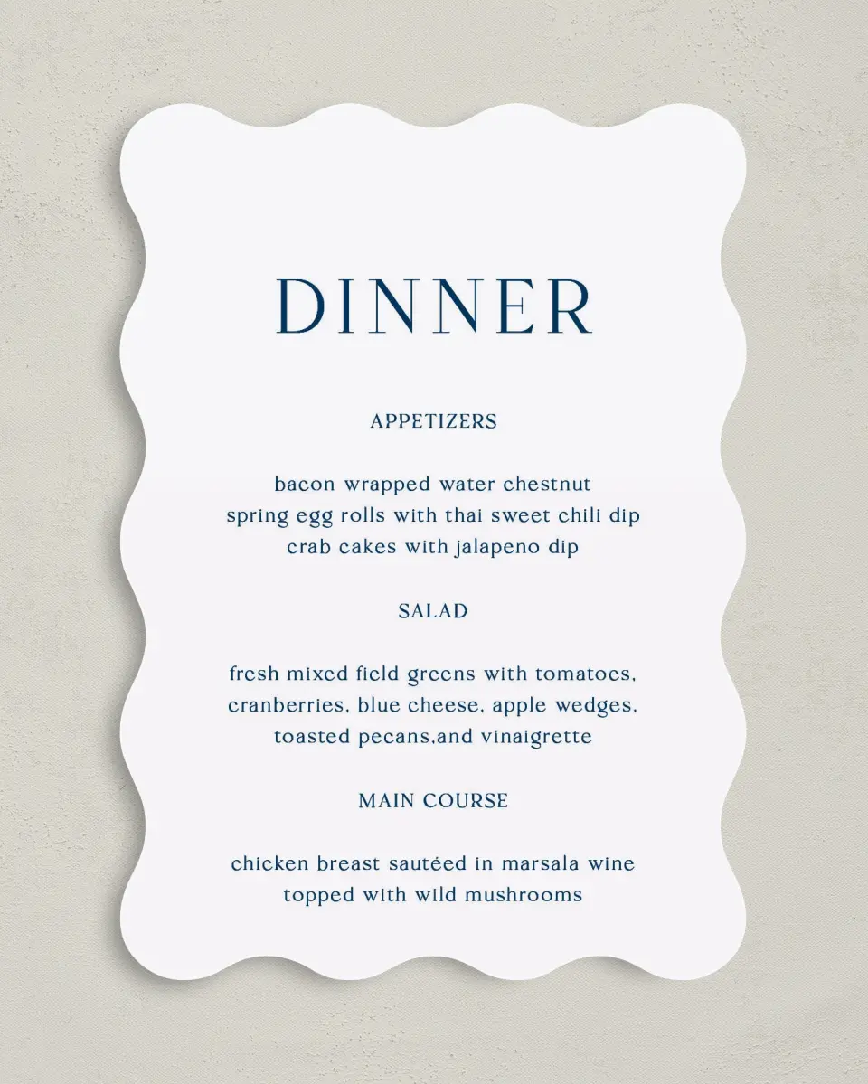 This is a 5" x 7" Wedding Menu Card called The Sophia printed in full color on Premium Smooth paper